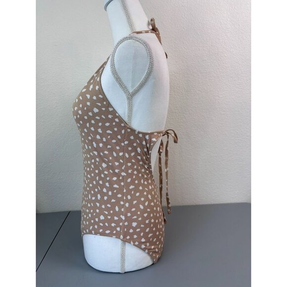 Aerie women's medium‎ tan white dot one piece full coverage swimsuit halter tie - Picture 3 of 8